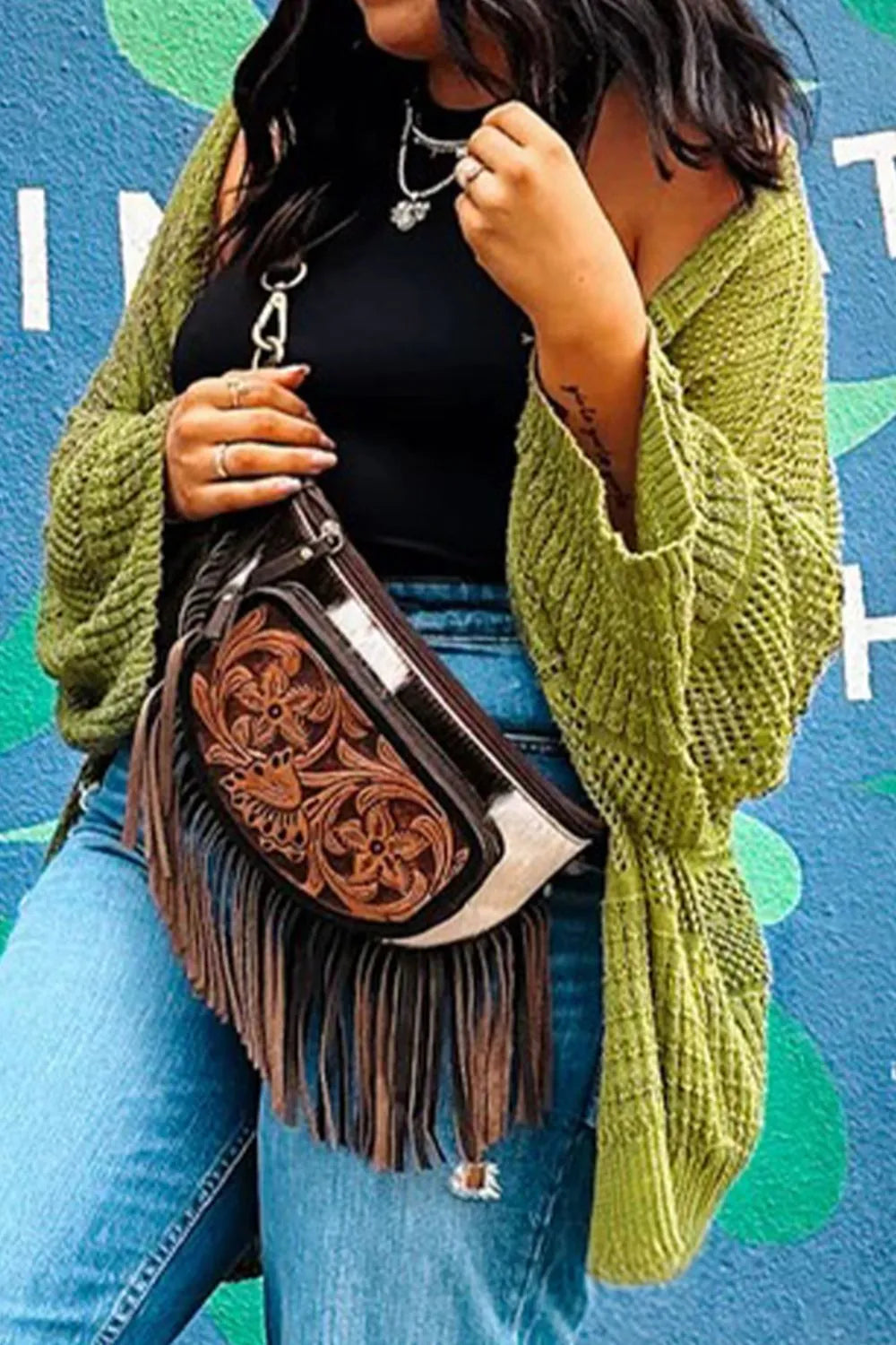 Harvest Haven Chunky Knit Cardigan – open front oversized knit sweater in olive green, styled with jeans and crossbody bag.