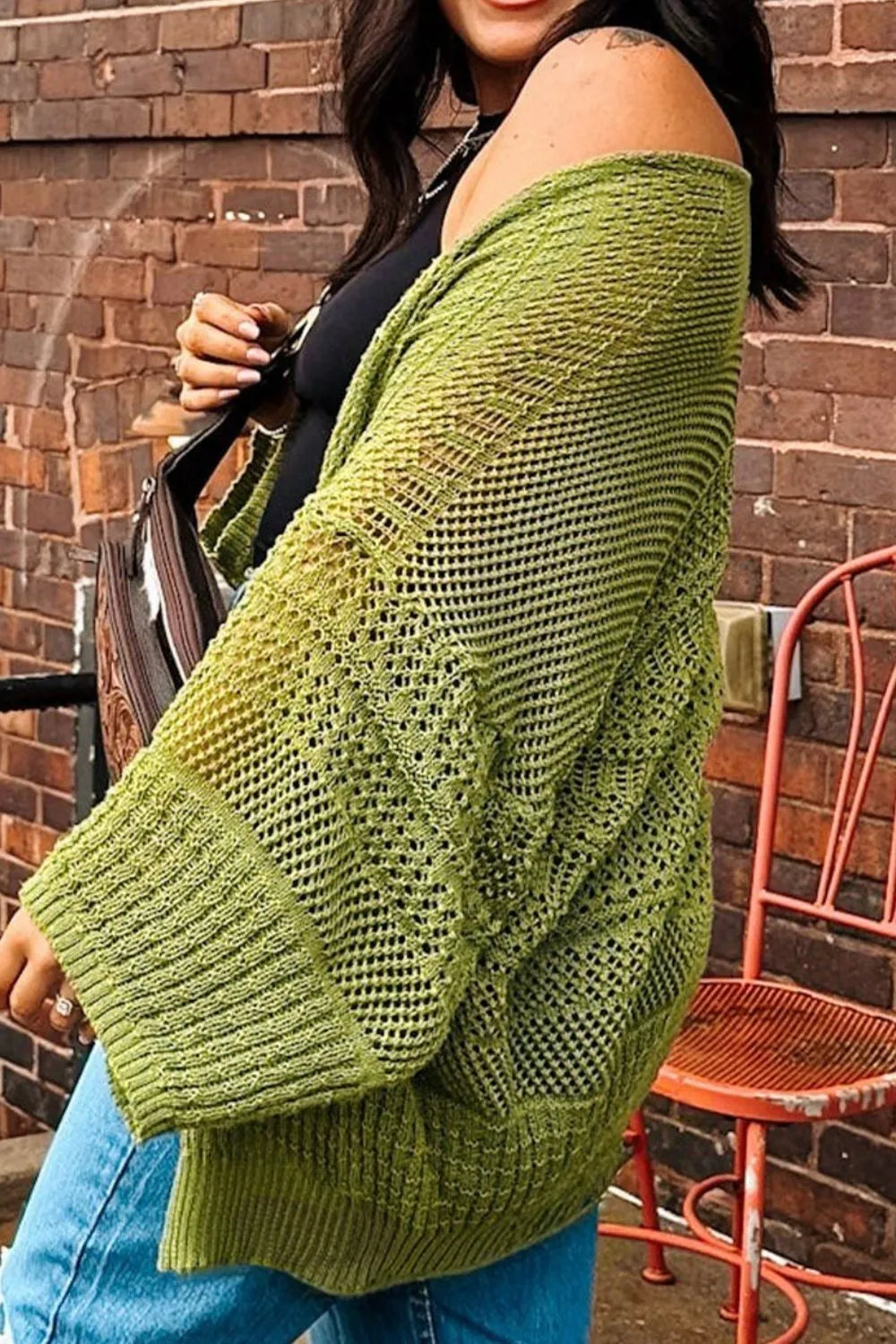 Harvest Haven Chunky Knit Cardigan – open front oversized knit sweater in olive green, styled with jeans and crossbody bag.