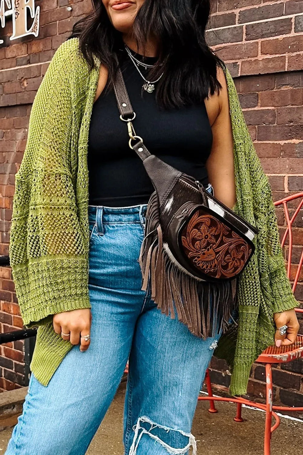 Harvest Haven Chunky Knit Cardigan – open front oversized knit sweater in olive green, styled with jeans and crossbody bag.