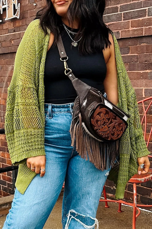 Harvest Haven Chunky Knit Cardigan – open front oversized knit sweater in olive green, styled with jeans and crossbody bag.