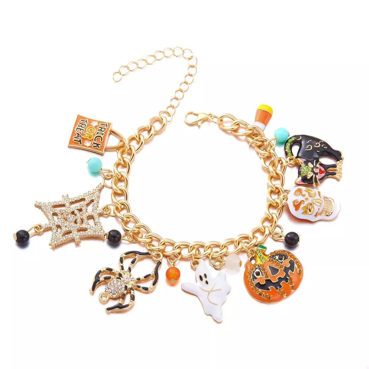 Haunting Charms Halloween Bracelet – 18K gold-plated bracelet with spiderweb, gem, and Halloween-themed charms.
