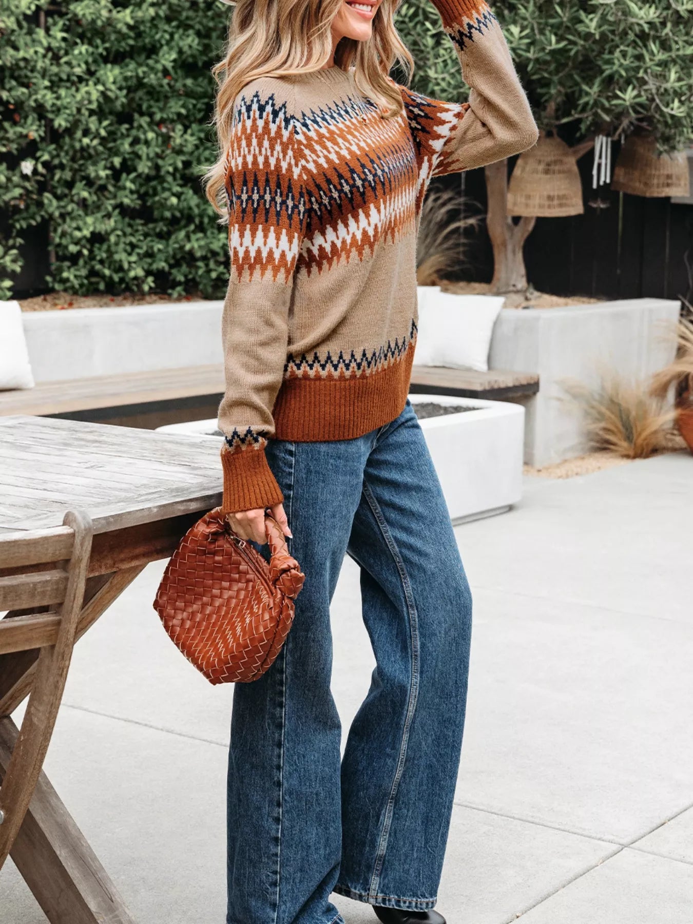 Fair Isle knit sweater with neutral geometric pattern