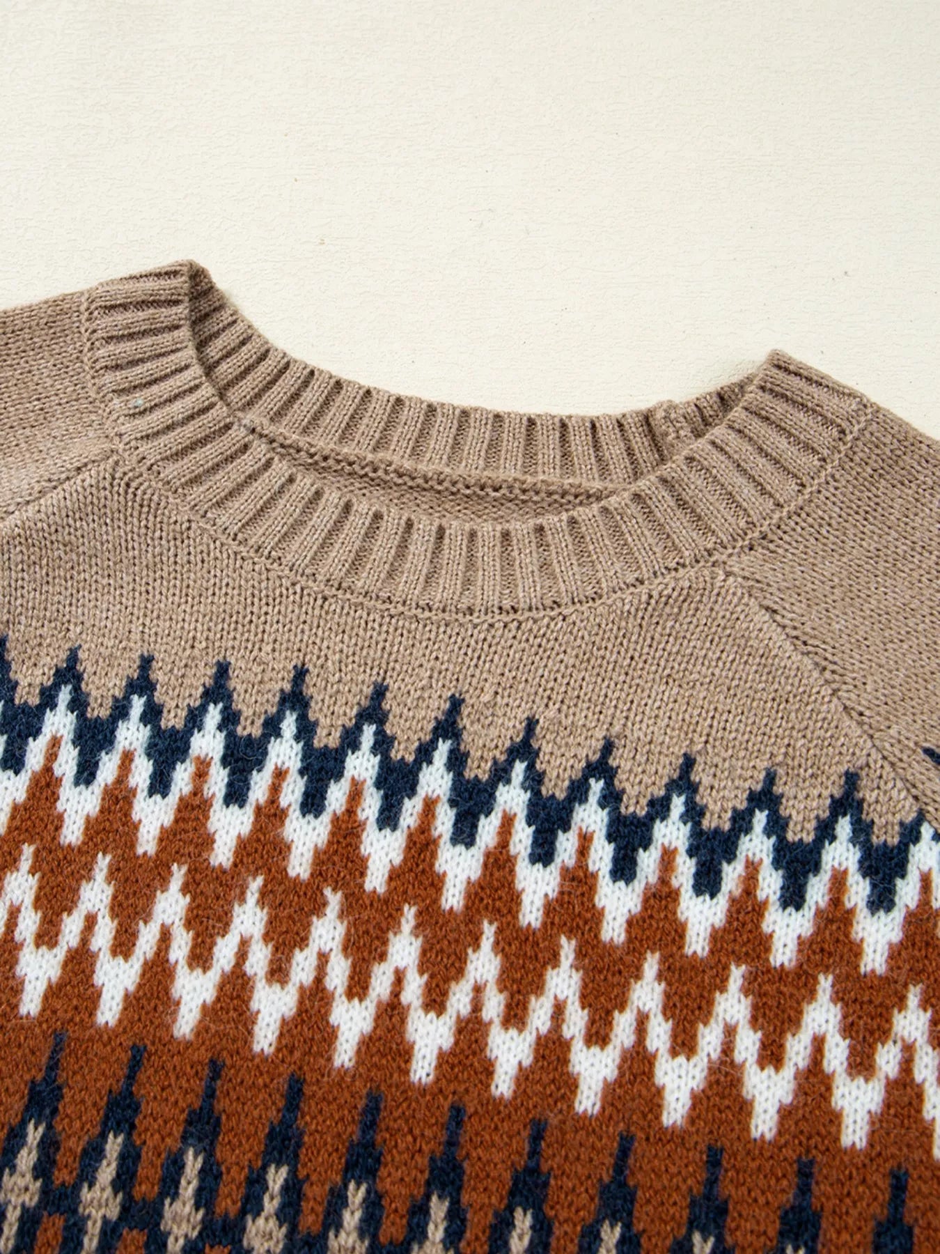 Fair Isle knit sweater with neutral geometric pattern