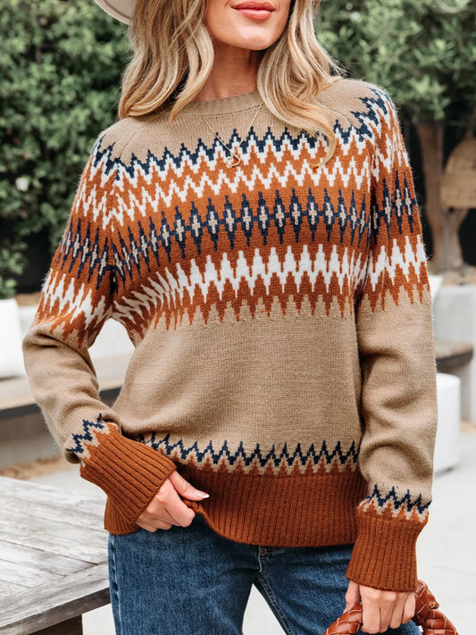 Fair Isle knit sweater with neutral geometric pattern