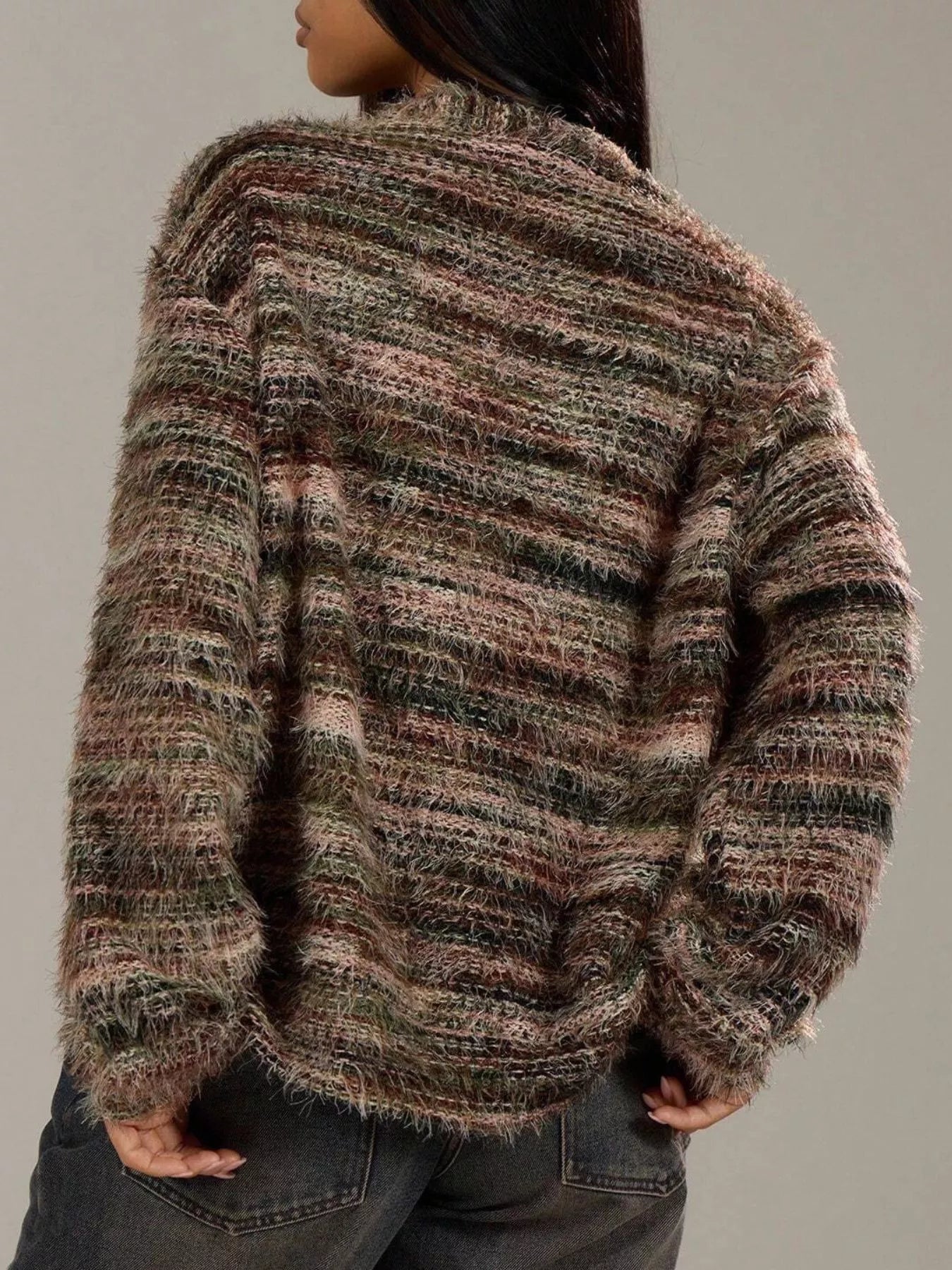 Soft textured button-front cardigan with a fluffy, multicolored knit and relaxed fit.