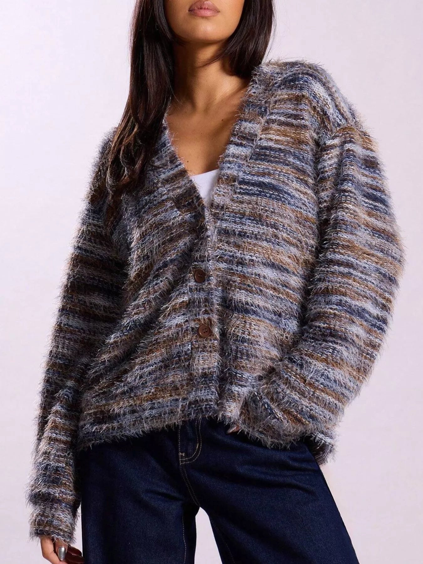 Soft textured button-front cardigan with a fluffy, multicolored knit and relaxed fit.