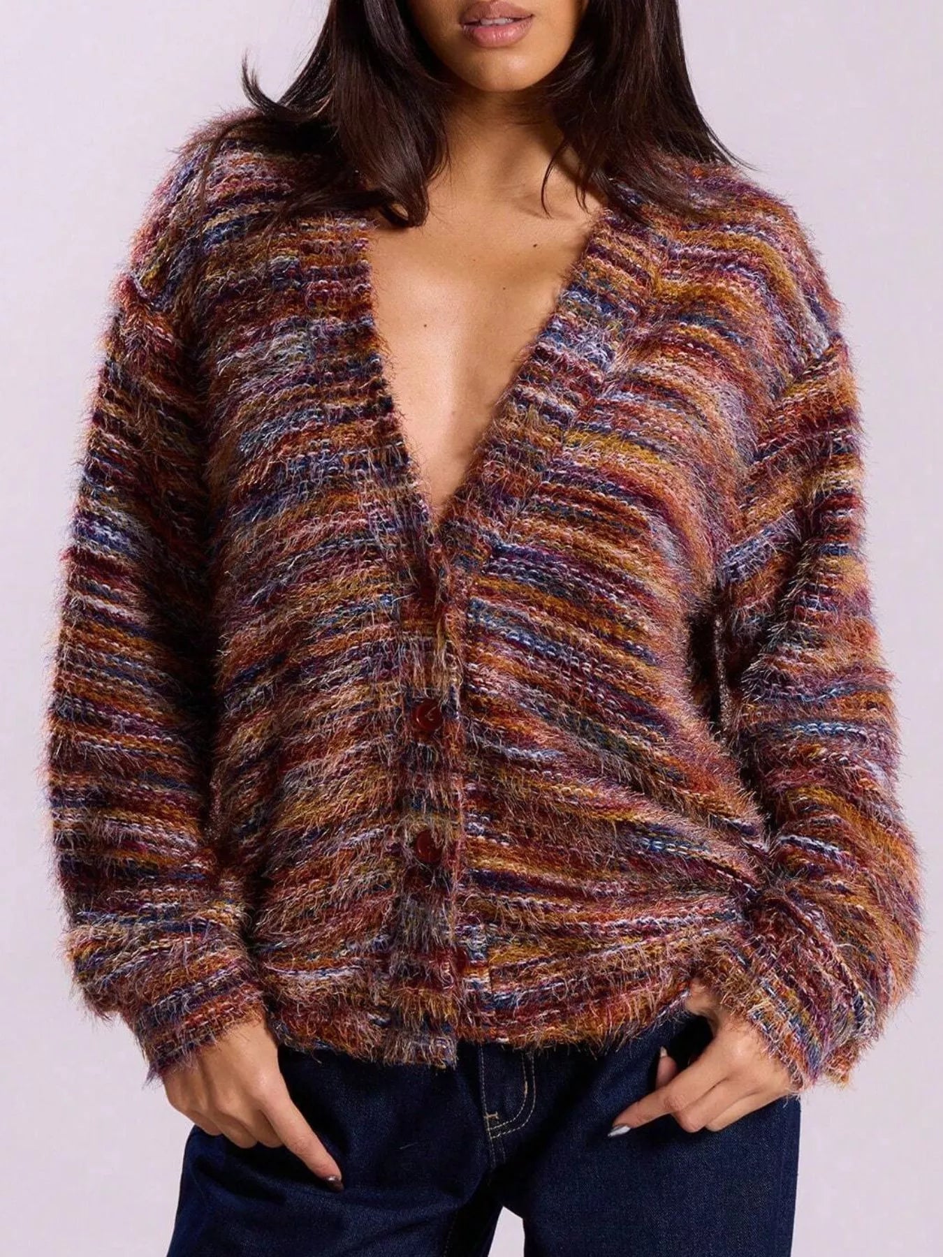 Soft textured button-front cardigan with a fluffy, multicolored knit and relaxed fit.