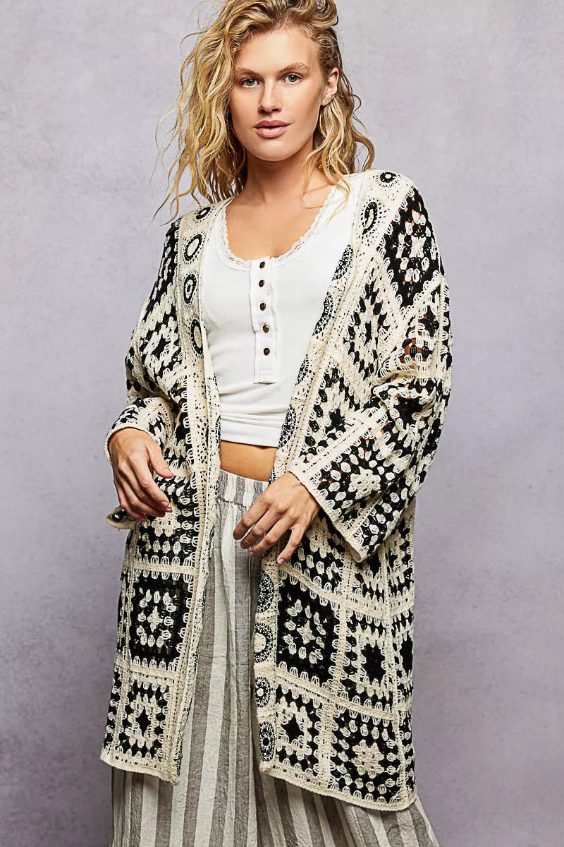 Relaxed fit black and cream crochet open cardigan with granny square pattern