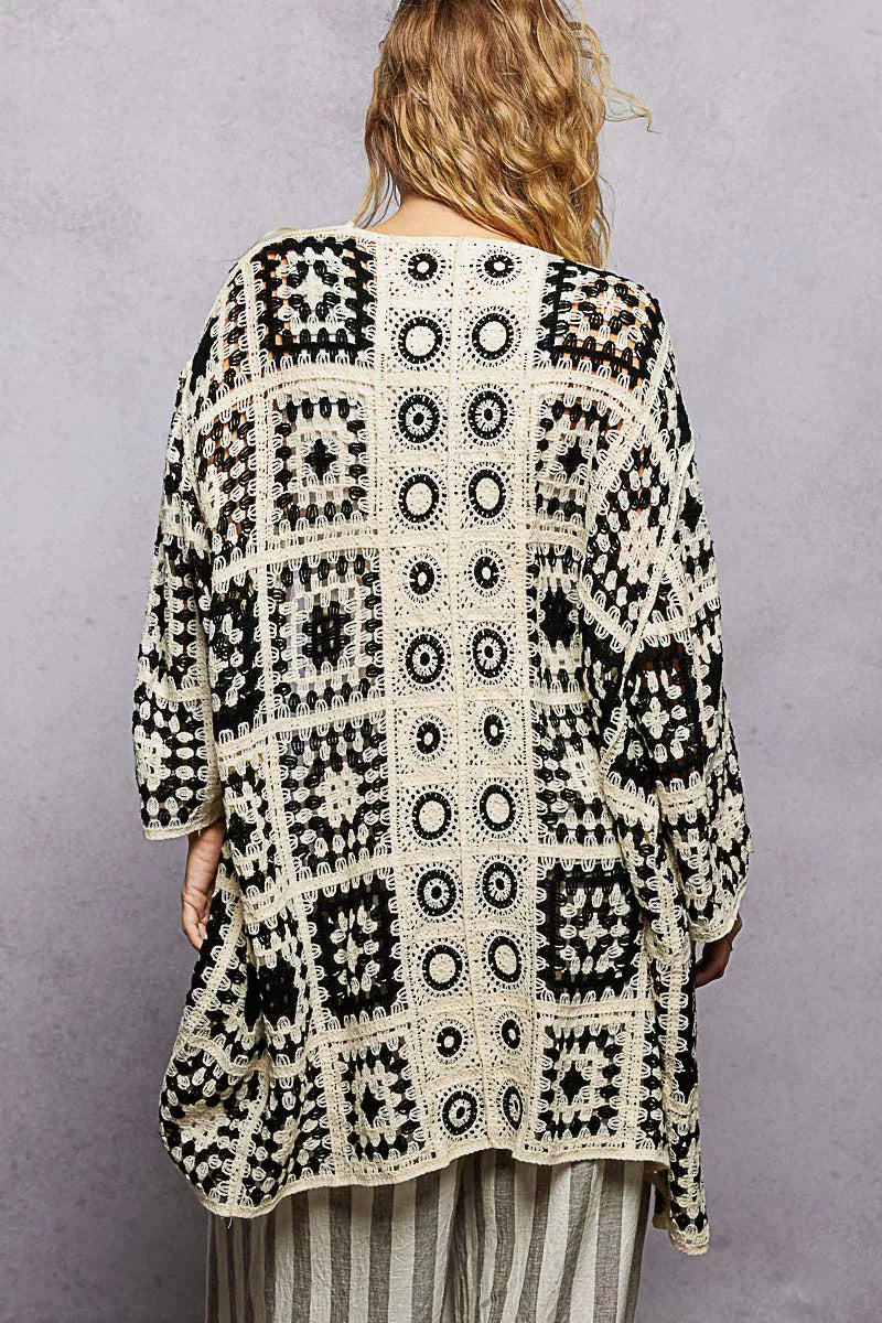 Relaxed fit black and cream crochet open cardigan with granny square pattern