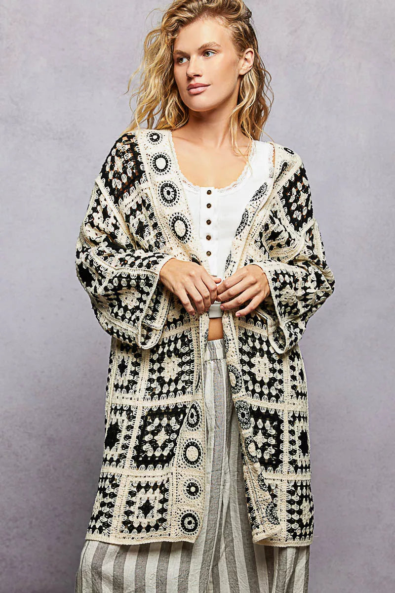 Relaxed fit black and cream crochet open cardigan with granny square pattern