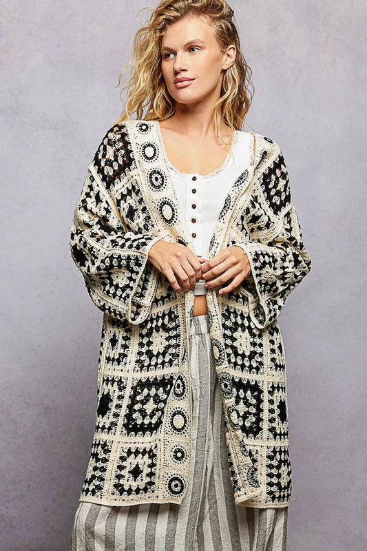 Relaxed fit black and cream crochet open cardigan with granny square pattern
