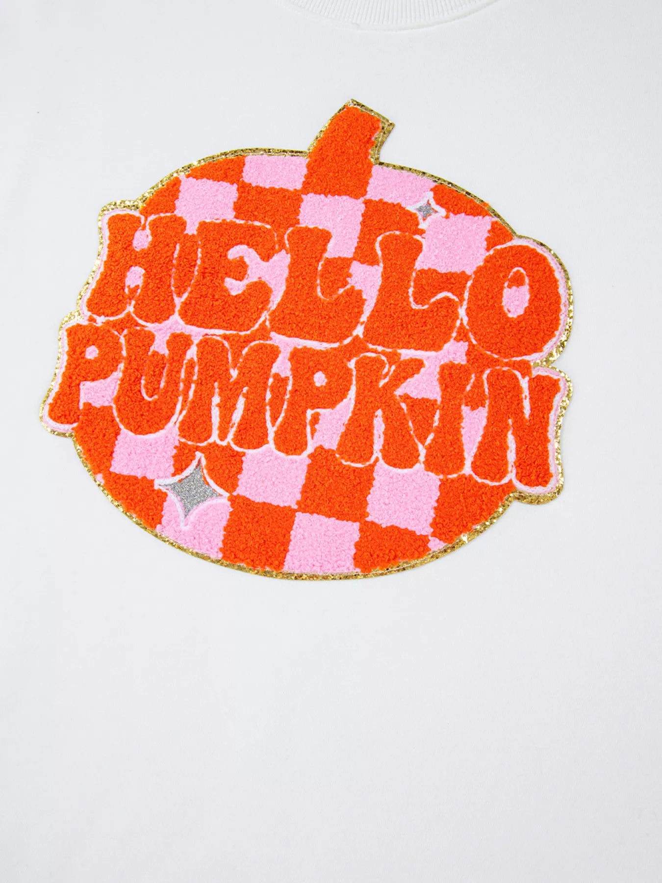 White sweatshirt with retro “Hello Pumpkin” lettering inside checkerboard pumpkin graphic – Retro Pumpkin style from A Whimsical Affair.