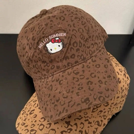 Brown leopard print cotton baseball cap with two-tone brim and embroidered Hello Summer kitty patch on the front.
