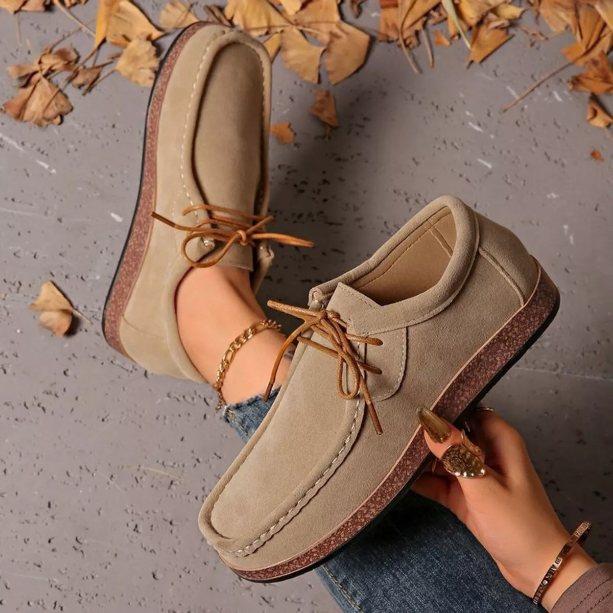 Heritage Lace Loafers – round toe lace-up flats in apricot PU leather.