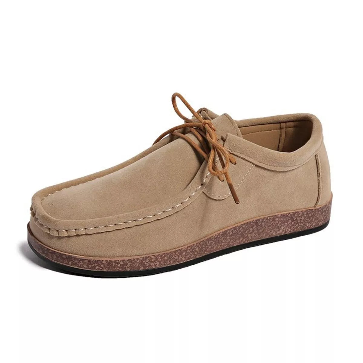 Heritage Lace Loafers – round toe lace-up flats in apricot PU leather.