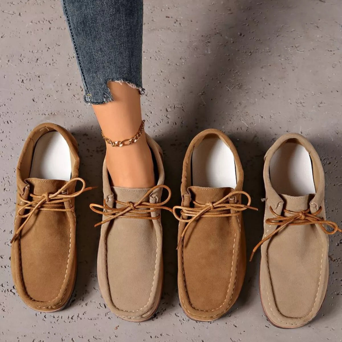 Heritage Lace Loafers – round toe lace-up flats in apricot and khaki PU leather.