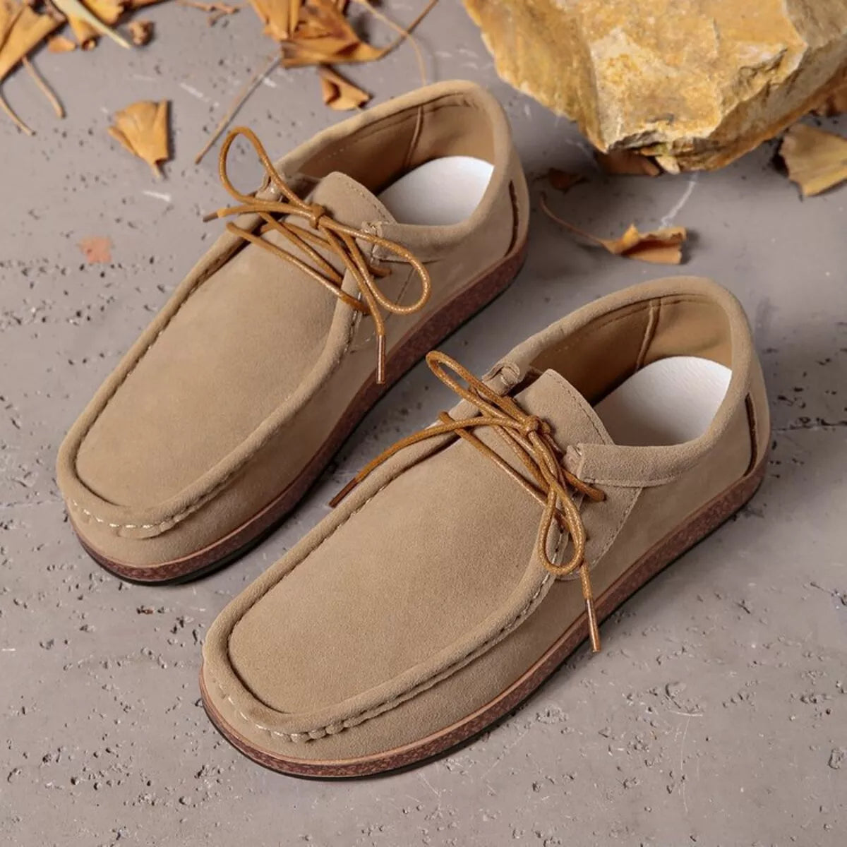Heritage Lace Loafers – round toe lace-up flats in apricot PU leather.