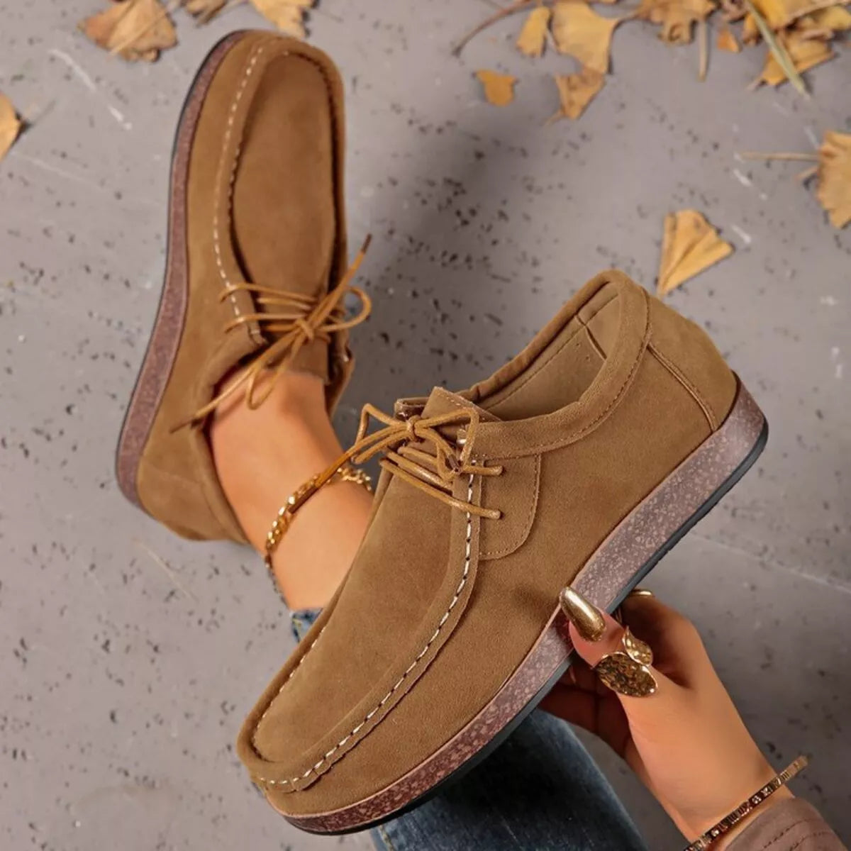 Heritage Lace Loafers – round toe lace-up flats in khaki PU leather.