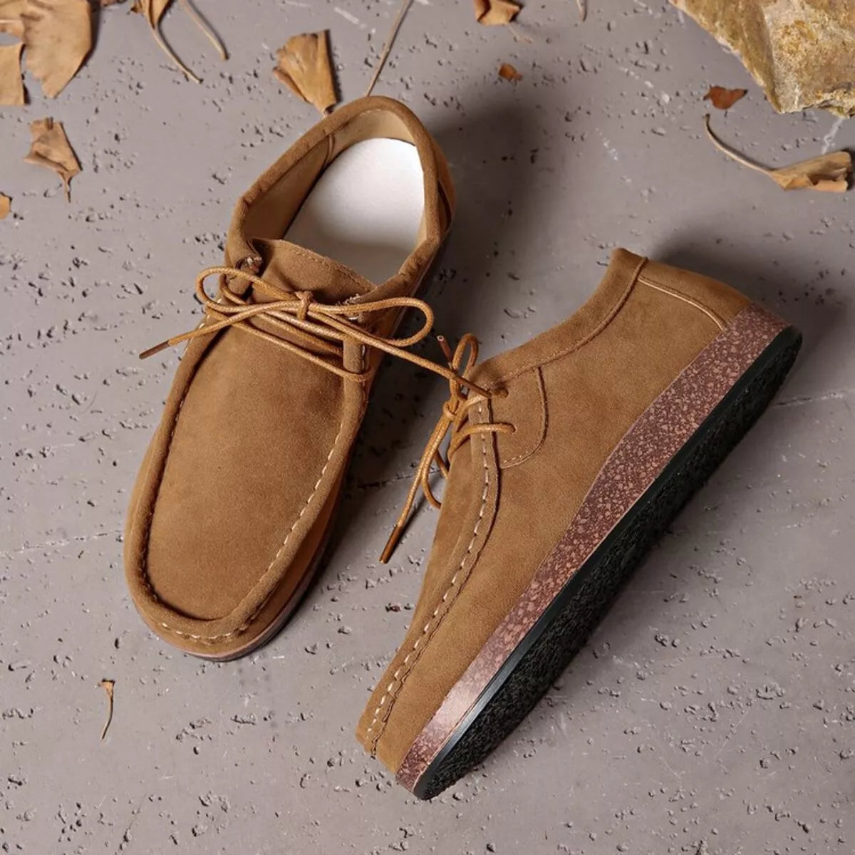 Heritage Lace Loafers – round toe lace-up flats in khaki PU leather.