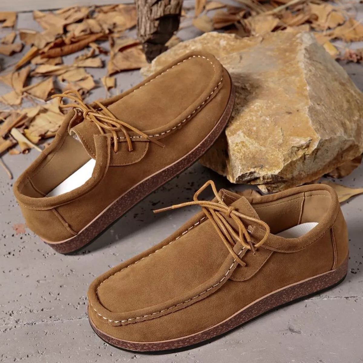 Heritage Lace Loafers – round toe lace-up flats in khaki PU leather.