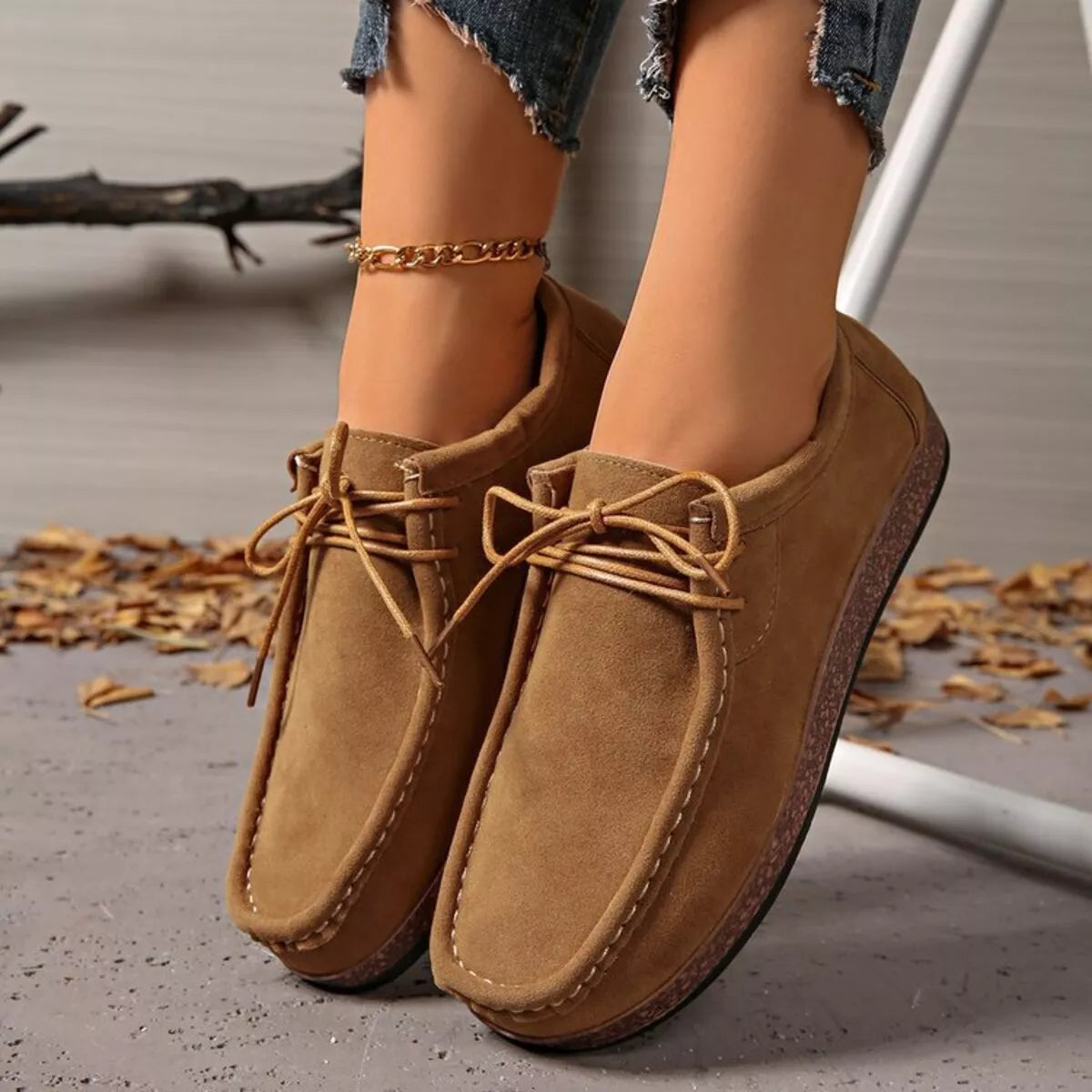 Heritage Lace Loafers – round toe lace-up flats in khaki PU leather.