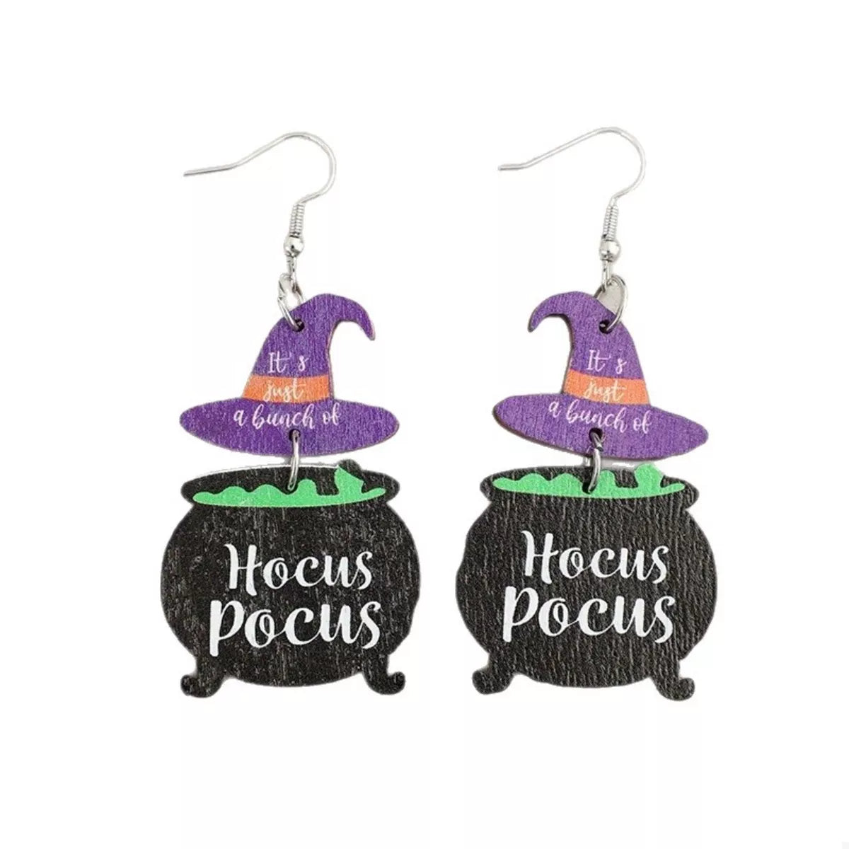 Close-up of Hocus Pocus Cauldron Earrings featuring black cauldrons with green potion and purple witch hats reading “It’s just a bunch of” — Halloween jewelry from A Whimsical Affair.