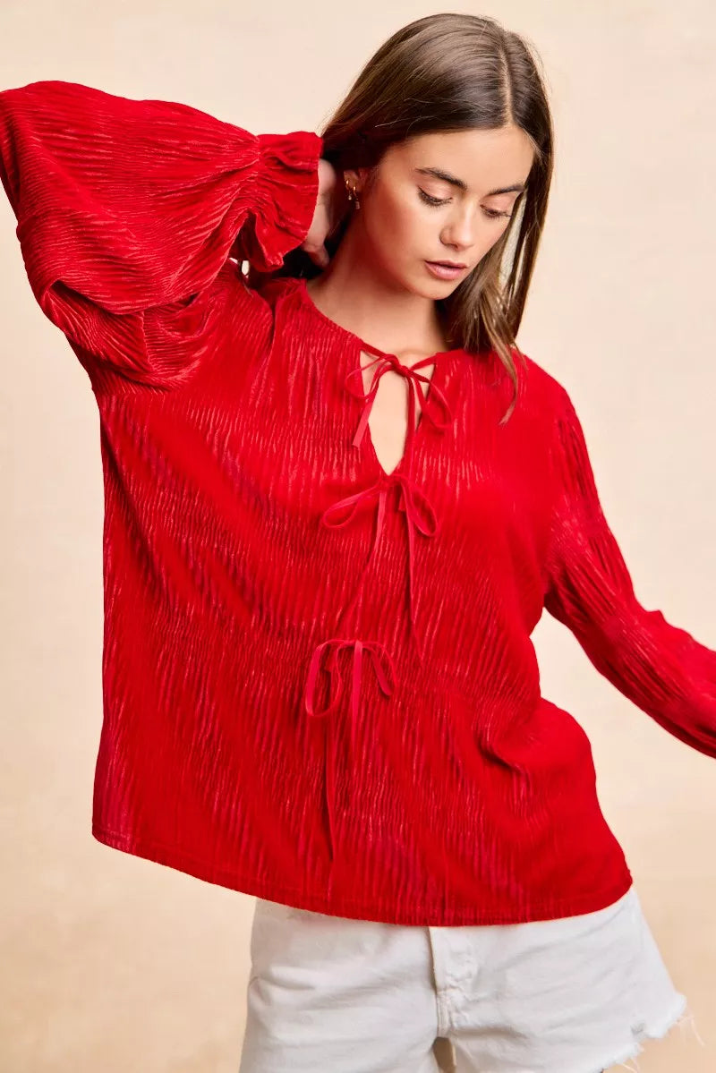 Red velvet long-sleeve blouse with tie-front bows and a neck drop design.-Max-Origin