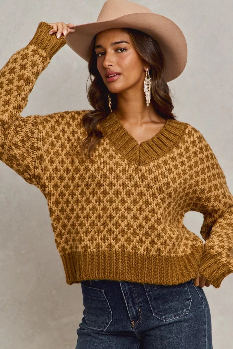 Honeycomb Dreams Sweater, caramel brown diamond knit V-neck pullover with oversized cozy fit