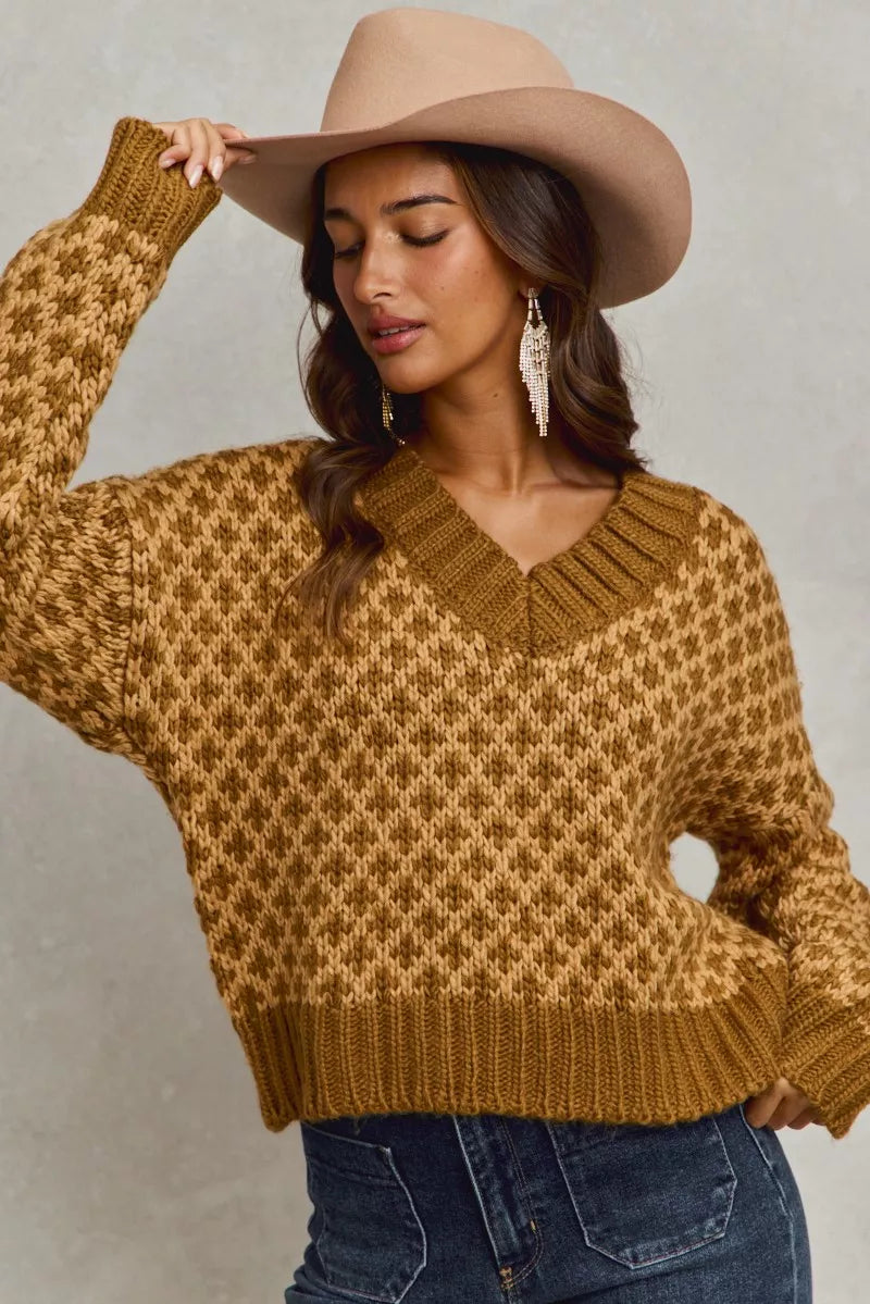 Honeycomb Dreams Sweater, caramel brown diamond knit V-neck pullover with oversized cozy fit
