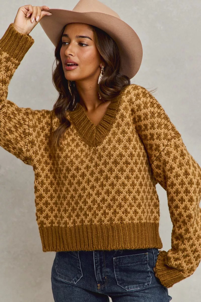 Honeycomb Dreams Sweater, caramel brown diamond knit V-neck pullover with oversized cozy fit