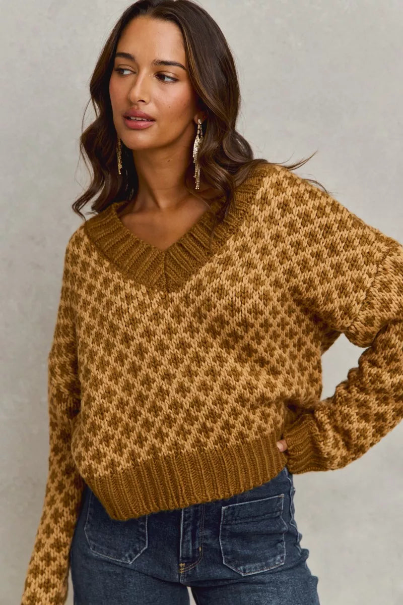 Honeycomb Dreams Sweater, caramel brown diamond knit V-neck pullover with oversized cozy fit