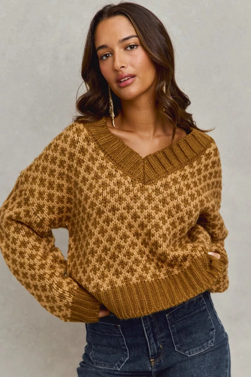 Honeycomb Dreams Sweater, caramel brown diamond knit V-neck pullover with oversized cozy fit