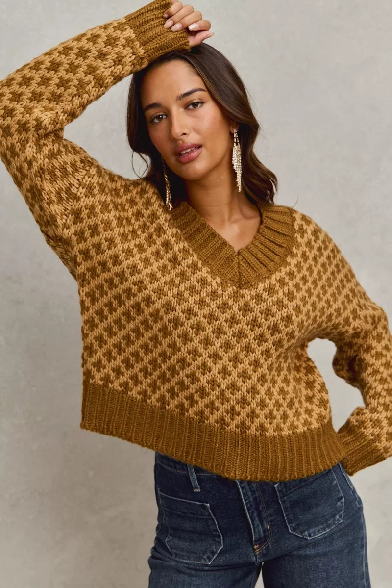 Honeycomb Dreams Sweater, caramel brown diamond knit V-neck pullover with oversized cozy fit