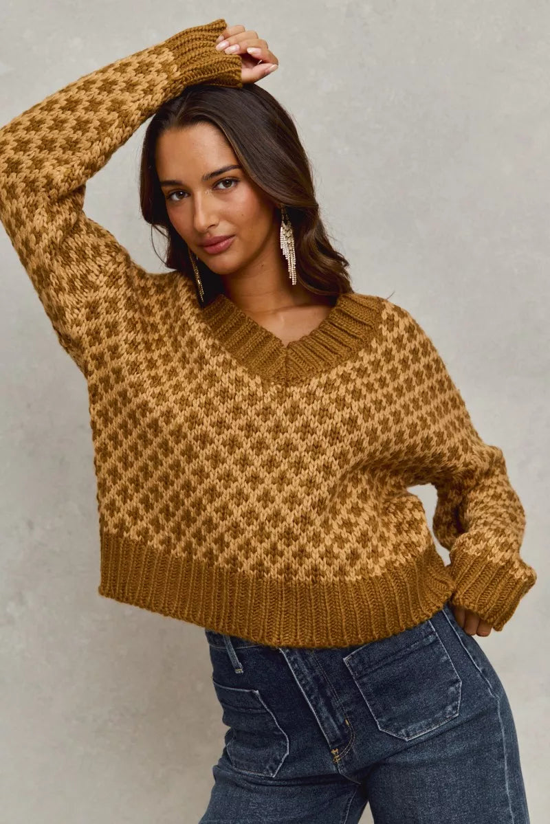 Honeycomb Dreams Sweater, caramel brown diamond knit V-neck pullover with oversized cozy fit