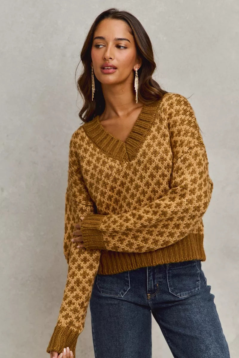 Honeycomb Dreams Sweater, caramel brown diamond knit V-neck pullover with oversized cozy fit