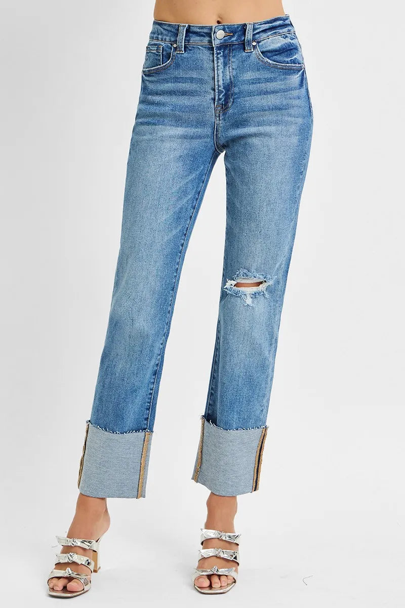 Horizon Cuff Jeans – high rise ankle length denim with wide cuffed hem and distressed raw finish from A Whimsical Affair.