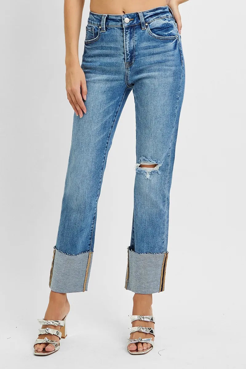Horizon Cuff Jeans – high rise ankle length denim with wide cuffed hem and distressed raw finish from A Whimsical Affair.