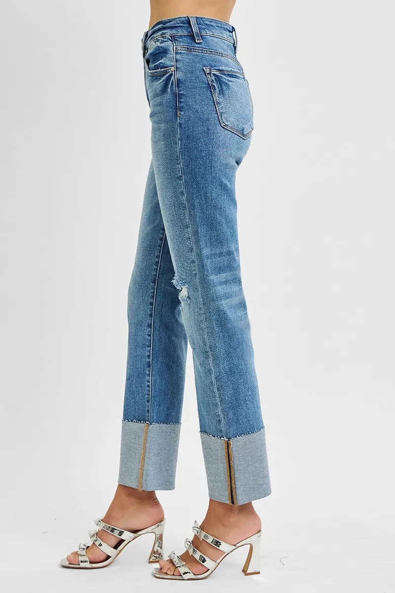 Horizon Cuff Jeans – high rise ankle length denim with wide cuffed hem and distressed raw finish from A Whimsical Affair.