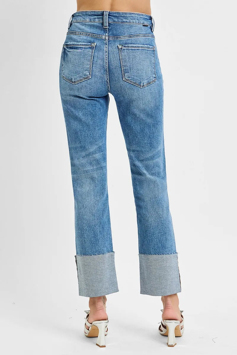 Horizon Cuff Jeans – high rise ankle length denim with wide cuffed hem and distressed raw finish from A Whimsical Affair.
