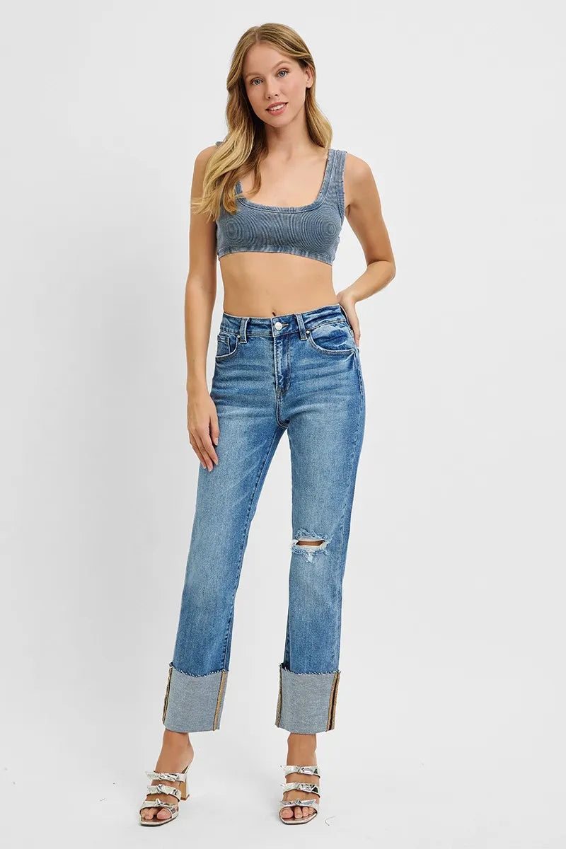 Horizon Cuff Jeans – high rise ankle length denim with wide cuffed hem and distressed raw finish from A Whimsical Affair.
