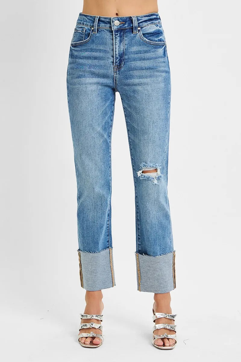Horizon Cuff Jeans – high rise ankle length denim with wide cuffed hem and distressed raw finish from A Whimsical Affair.