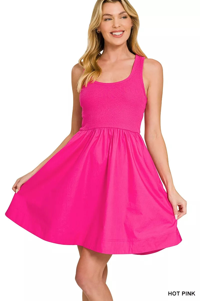 Hot pink sleeveless knit and woven midi dress with fitted bodice and flowy cotton skirt