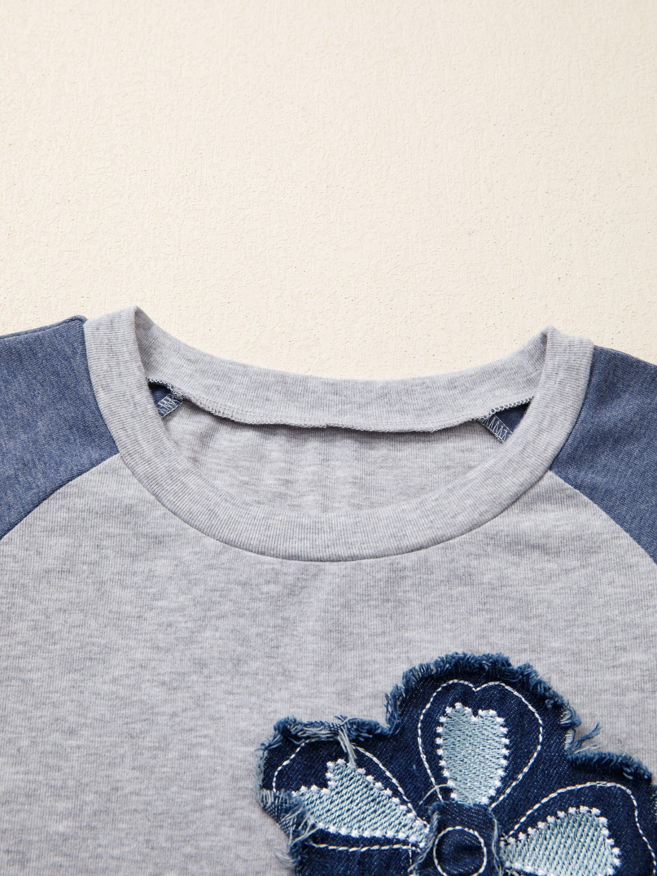 Gray raglan top with navy embroidered floral appliqué