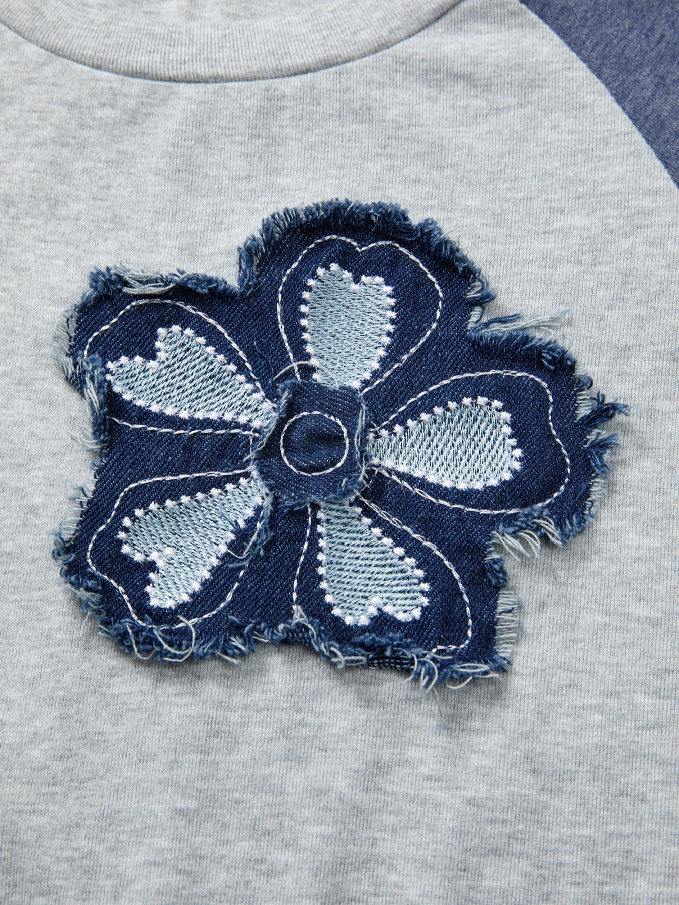 Gray raglan top with navy embroidered floral appliqué
