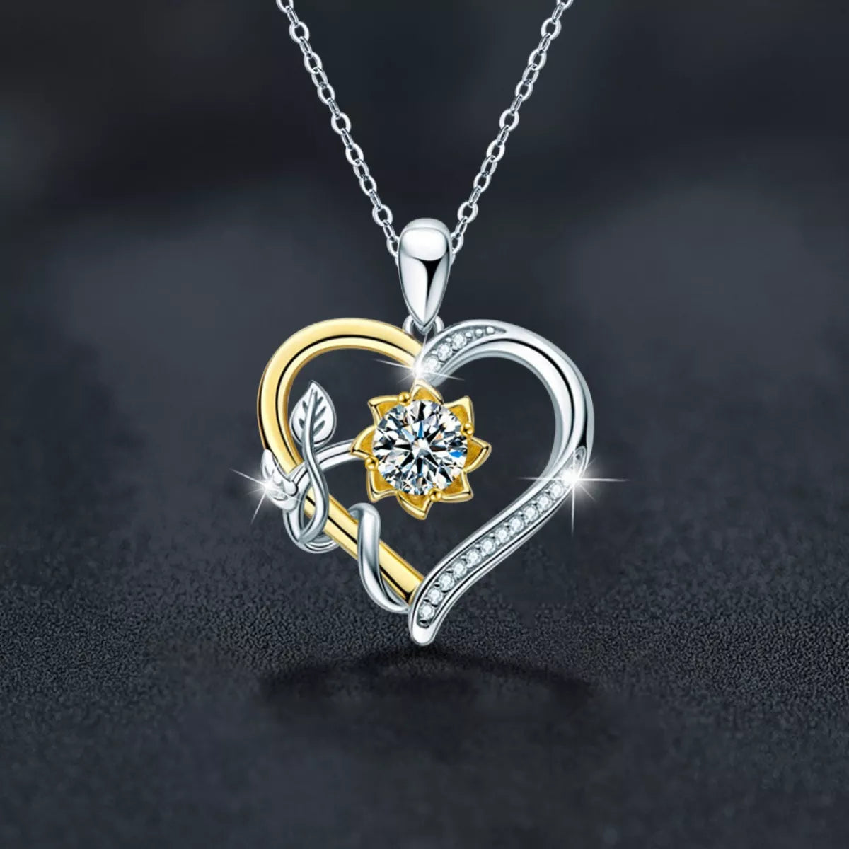 Intertwined heart pendant necklace with 1 carat moissanite in platinum-plated sterling silver