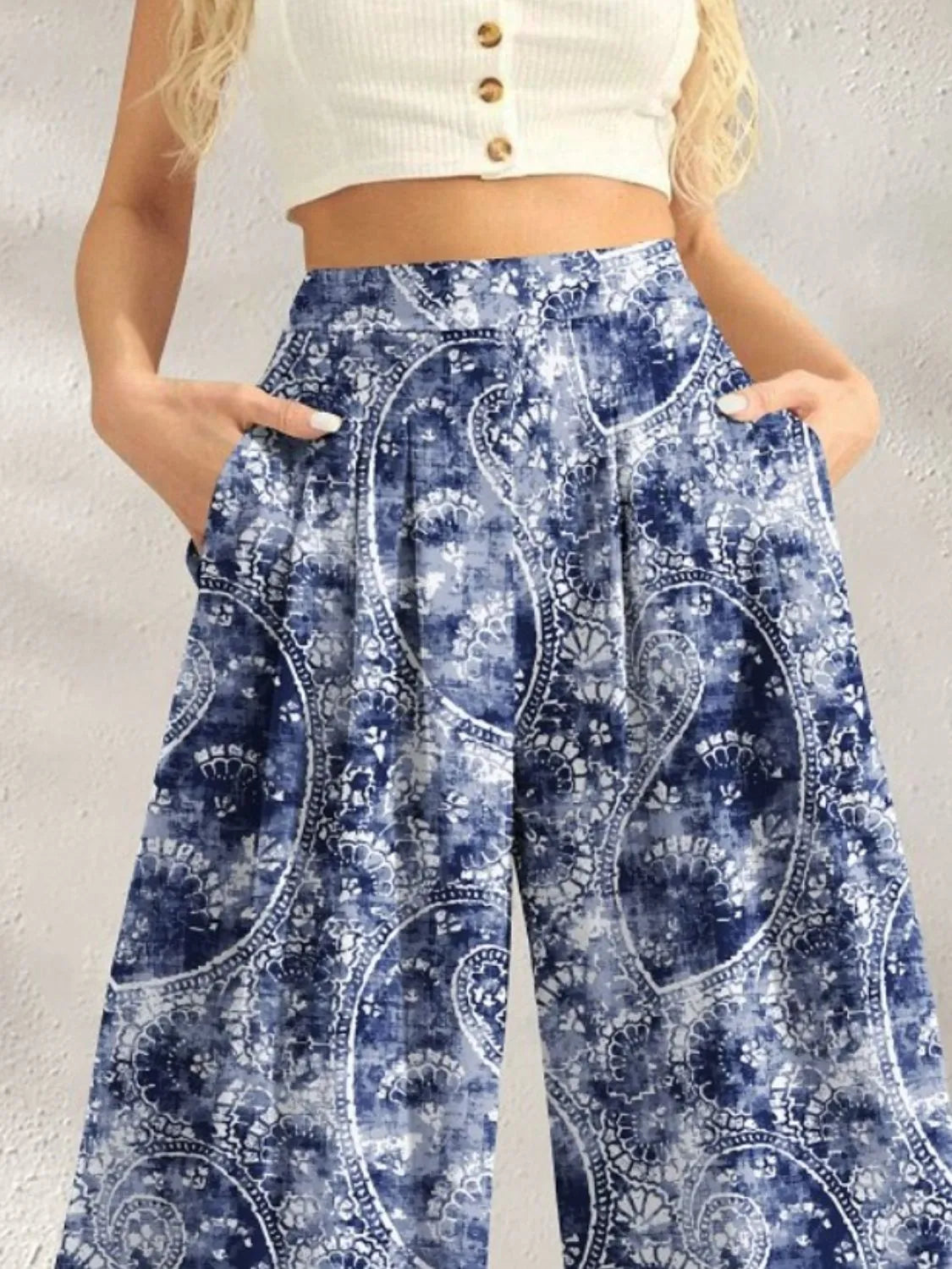 Dusty blue multi-colored boho printed wide-leg pants with pockets – Kaleidoscope style from A Whimsical Affair.