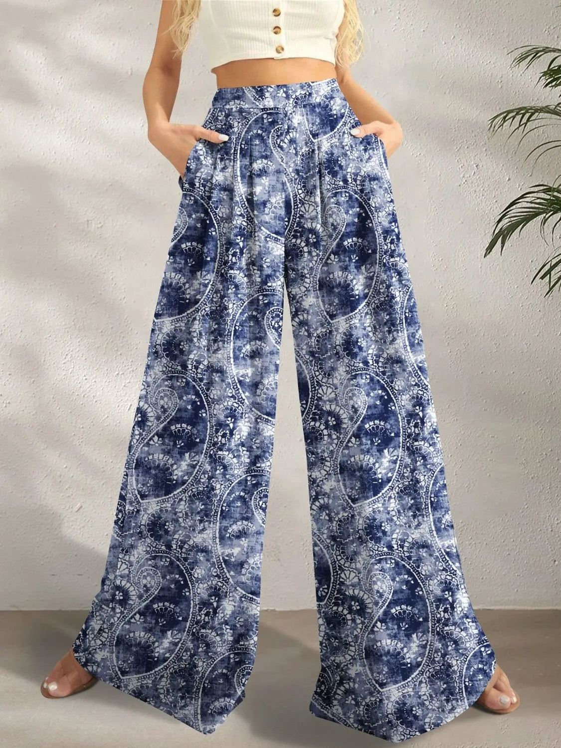 Dusty blue multi-colored boho printed wide-leg pants with pockets – Kaleidoscope style from A Whimsical Affair.