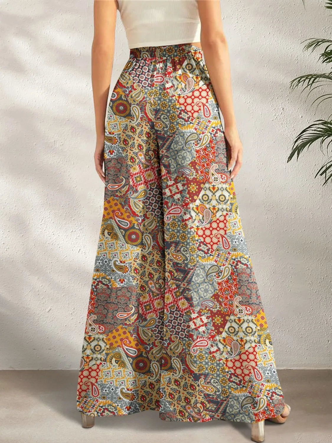 Ochre multi-colored boho printed wide-leg pants with pockets – Kaleidoscope style from A Whimsical Affair.