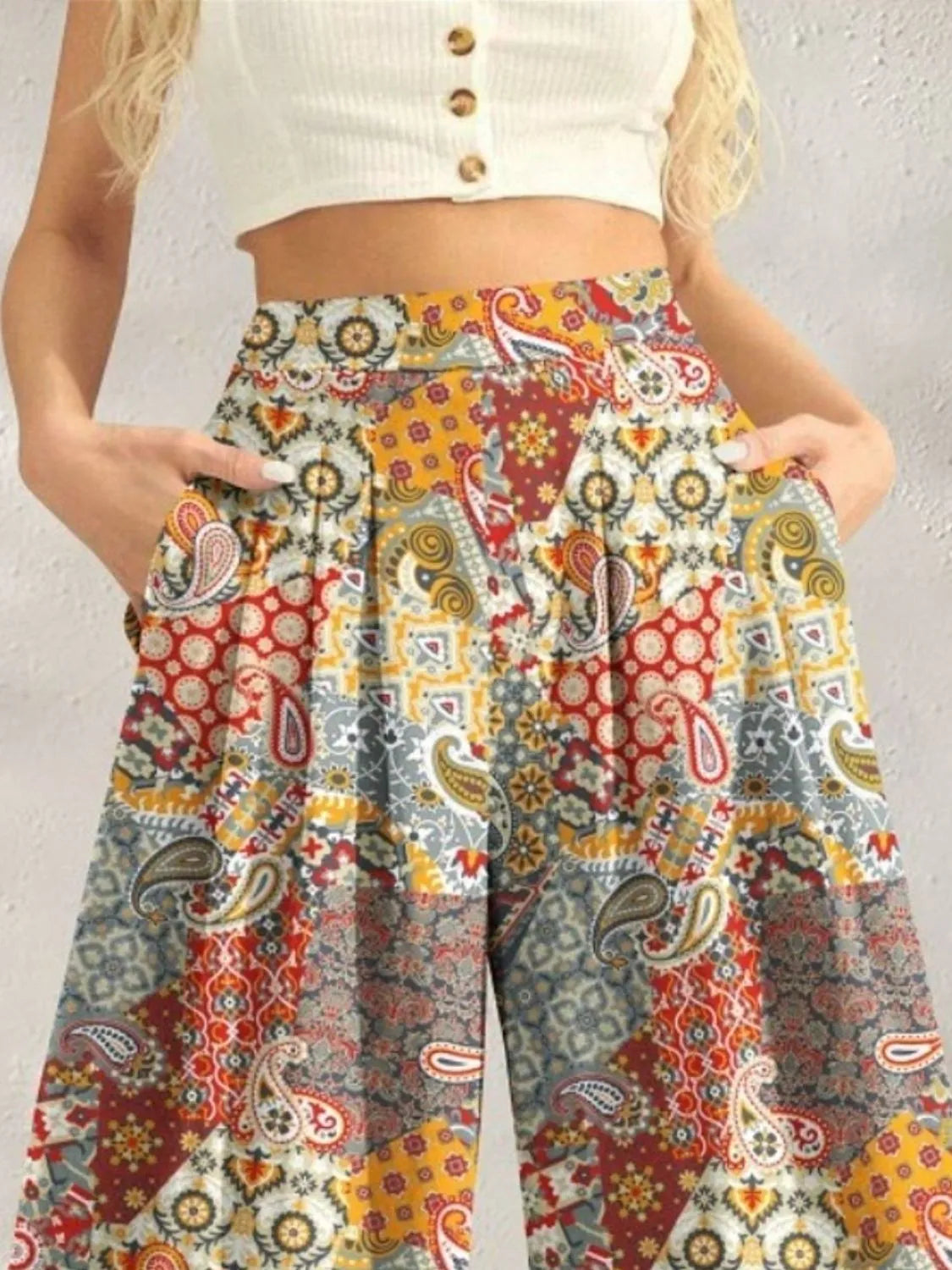 Ochre multi-colored boho printed wide-leg pants with pockets – Kaleidoscope style from A Whimsical Affair.