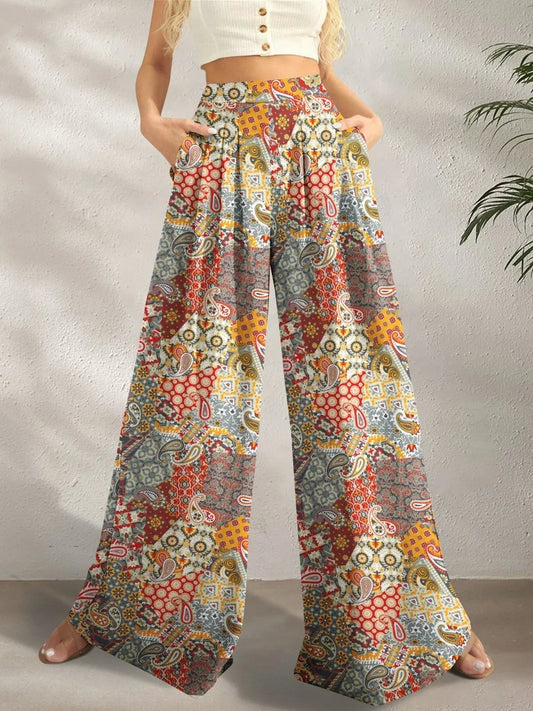 Ochre multi-colored boho printed wide-leg pants with pockets – Kaleidoscope style from A Whimsical Affair.